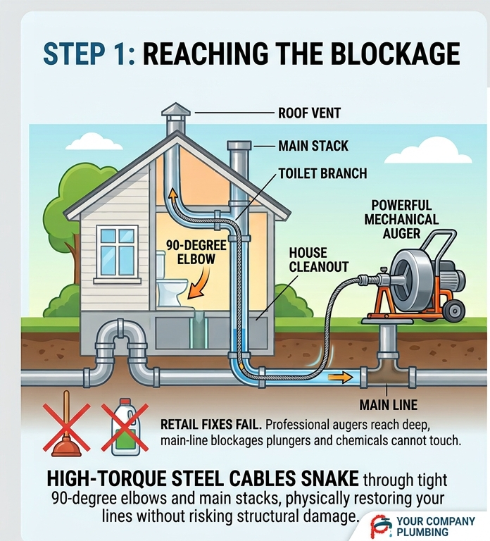 Diagram showing a mechanical drain auger cable navigating a house's main stack and 90-degree pipe elbows to reach deep main line blockages where retail plungers and chemical drain cleaners fail.