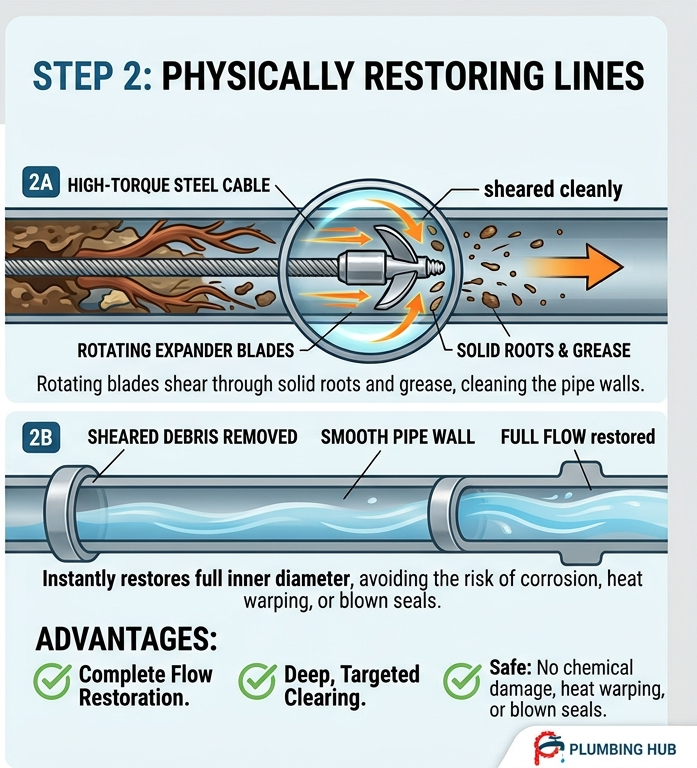 Technical diagram of rotating expander blades shearing tree roots and grease inside a sewer pipe to restore full inner diameter flow safely without chemical corrosion or pipe damage.